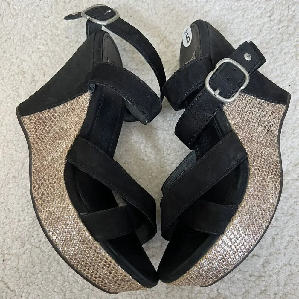 UGG  Ariah Black Suede Nubuck‎ Snake Wedge Platform Sandals Women Size 7